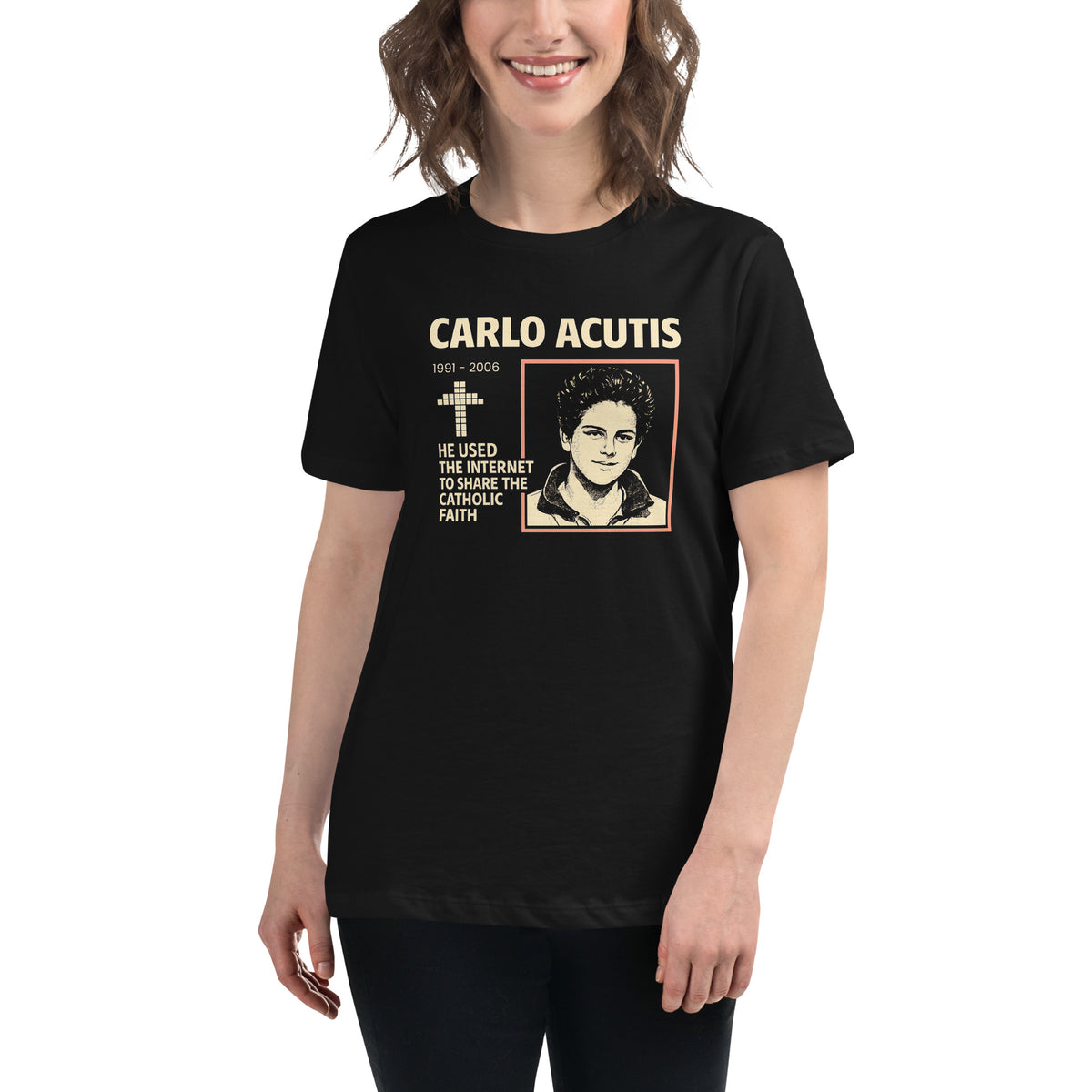 Carlo Acutis Digital Faith Tee - Women's Relaxed T-Shirt